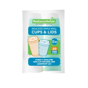 12 oz Light Green Paper Ripple Wall Coffee Cup - with White Lid - 3 1/2" x 3 1/2" x 5" - 20 count box