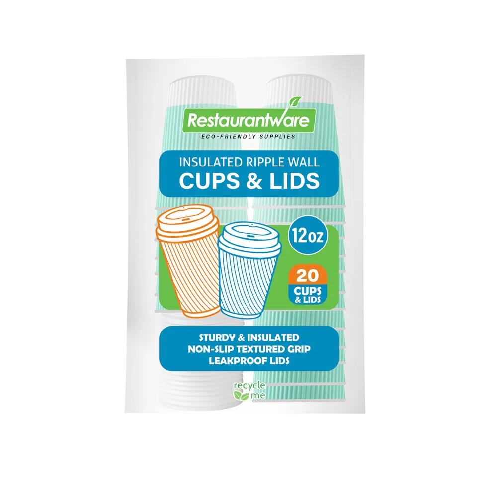 12 oz Light Green Paper Ripple Wall Coffee Cup - with White Lid - 3 1/2" x 3 1/2" x 5" - 20 count box