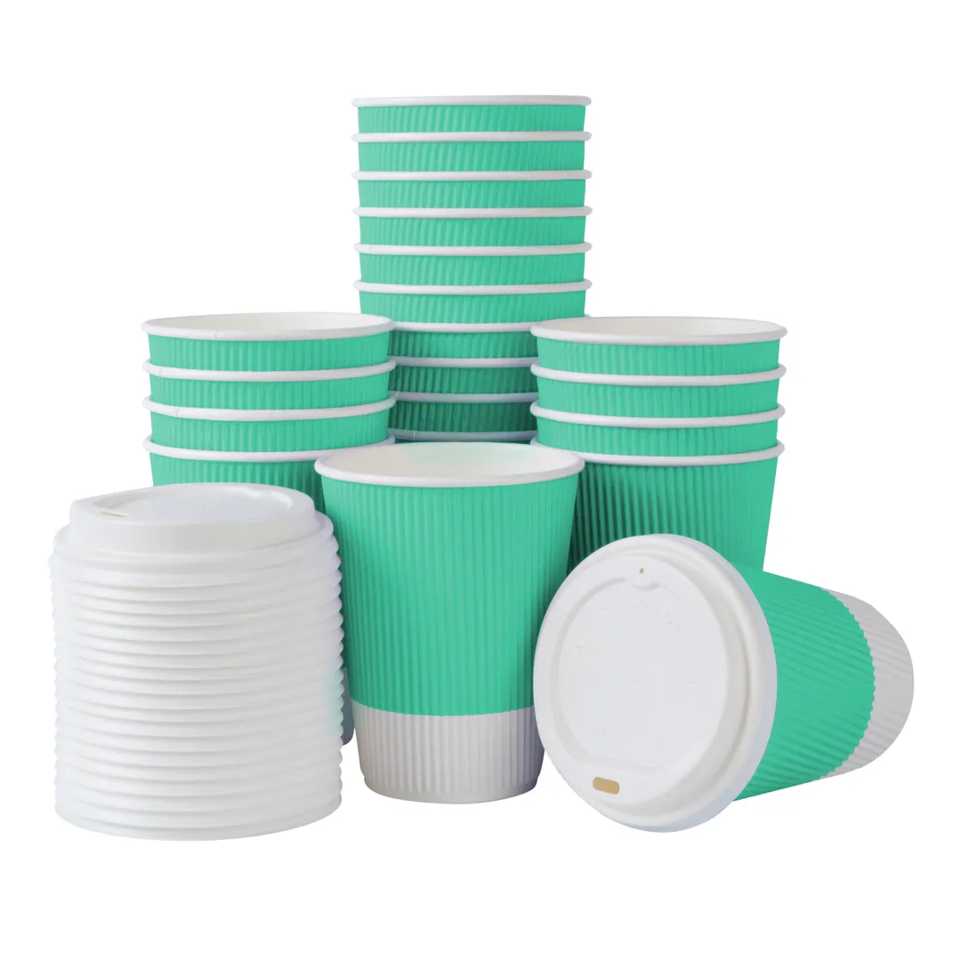 12 oz Light Green Paper Ripple Wall Coffee Cup - with White Lid - 3 1/2" x 3 1/2" x 5" - 20 count box