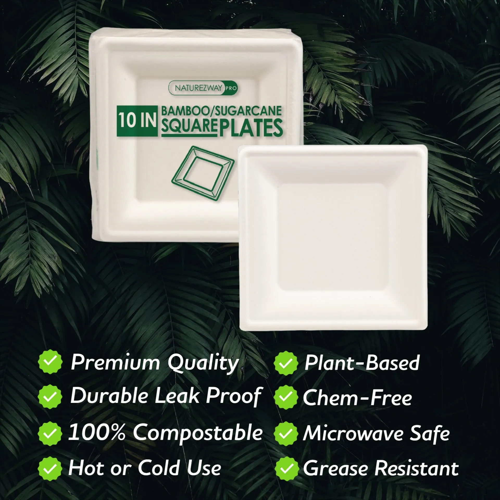 (125 PACK) 10” Inch Square Bamboo Plates