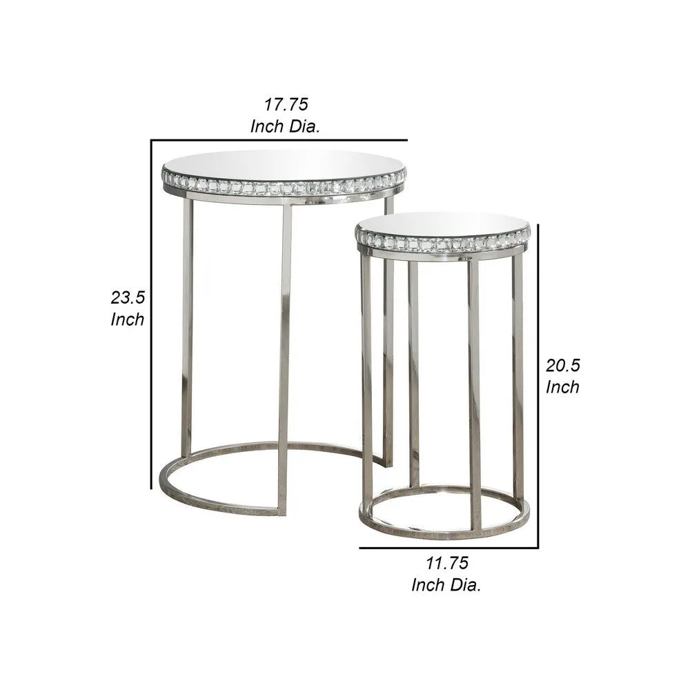 24 Inch Nesting Accent Tables, Mirrored Gemstone Trim, Set of 2, Silver By Casagear Home