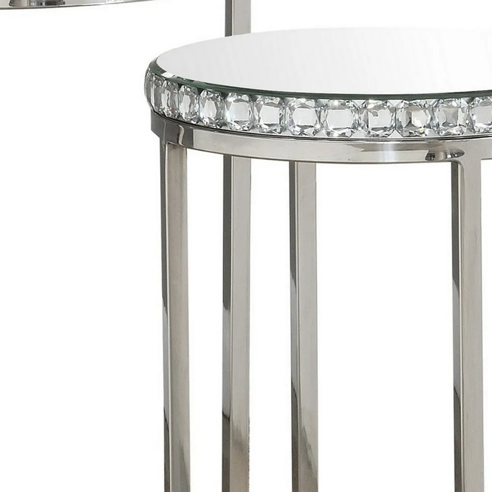 24 Inch Nesting Accent Tables, Mirrored Gemstone Trim, Set of 2, Silver By Casagear Home