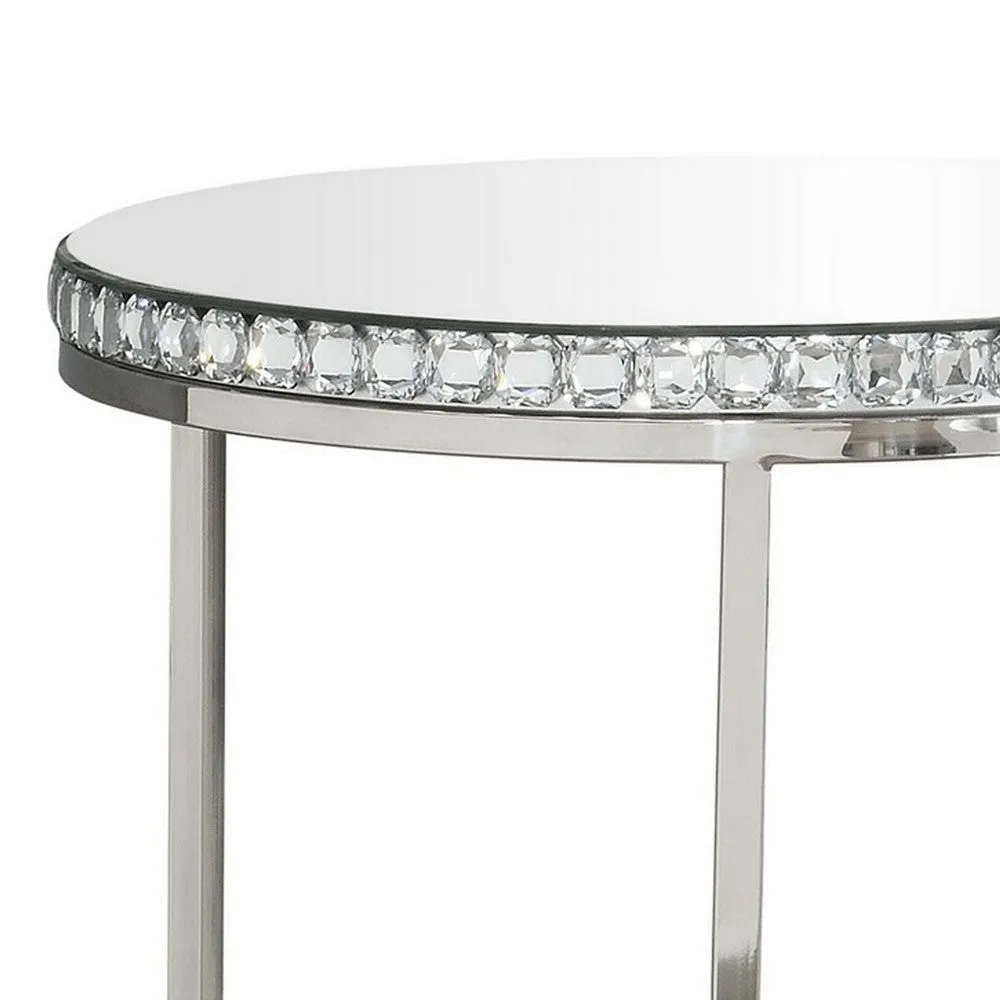 24 Inch Nesting Accent Tables, Mirrored Gemstone Trim, Set of 2, Silver By Casagear Home
