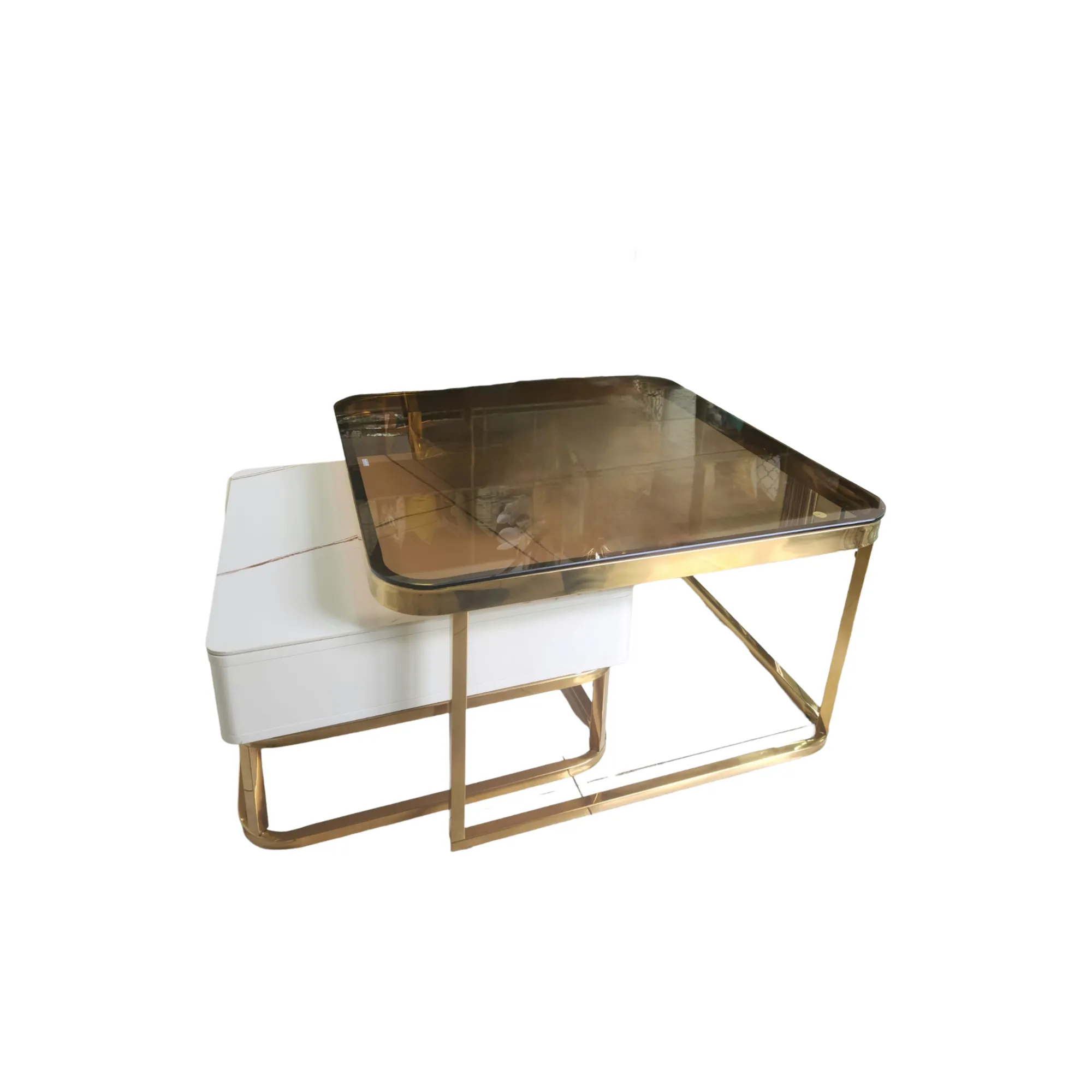 2Pcs Square Metal Frame Glass Top Nesting Coffee Table With Drawer Table