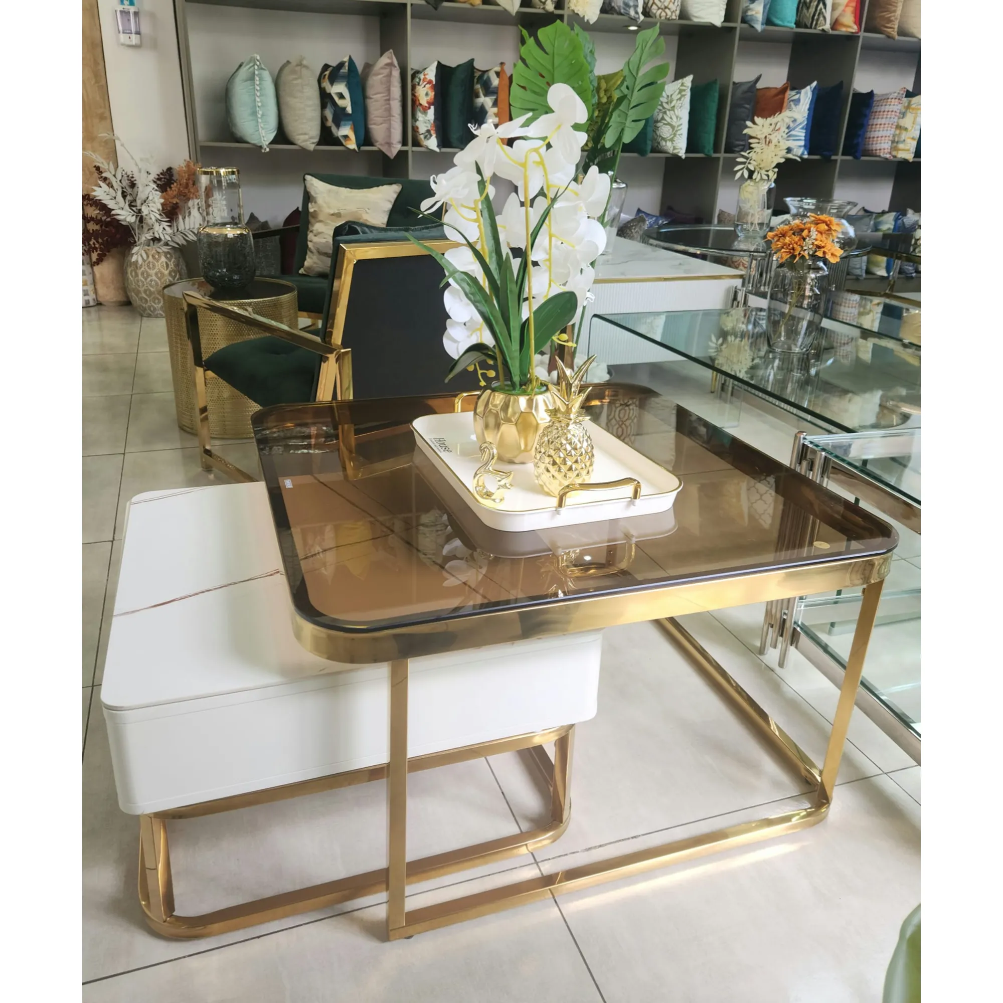 2Pcs Square Metal Frame Glass Top Nesting Coffee Table With Drawer Table