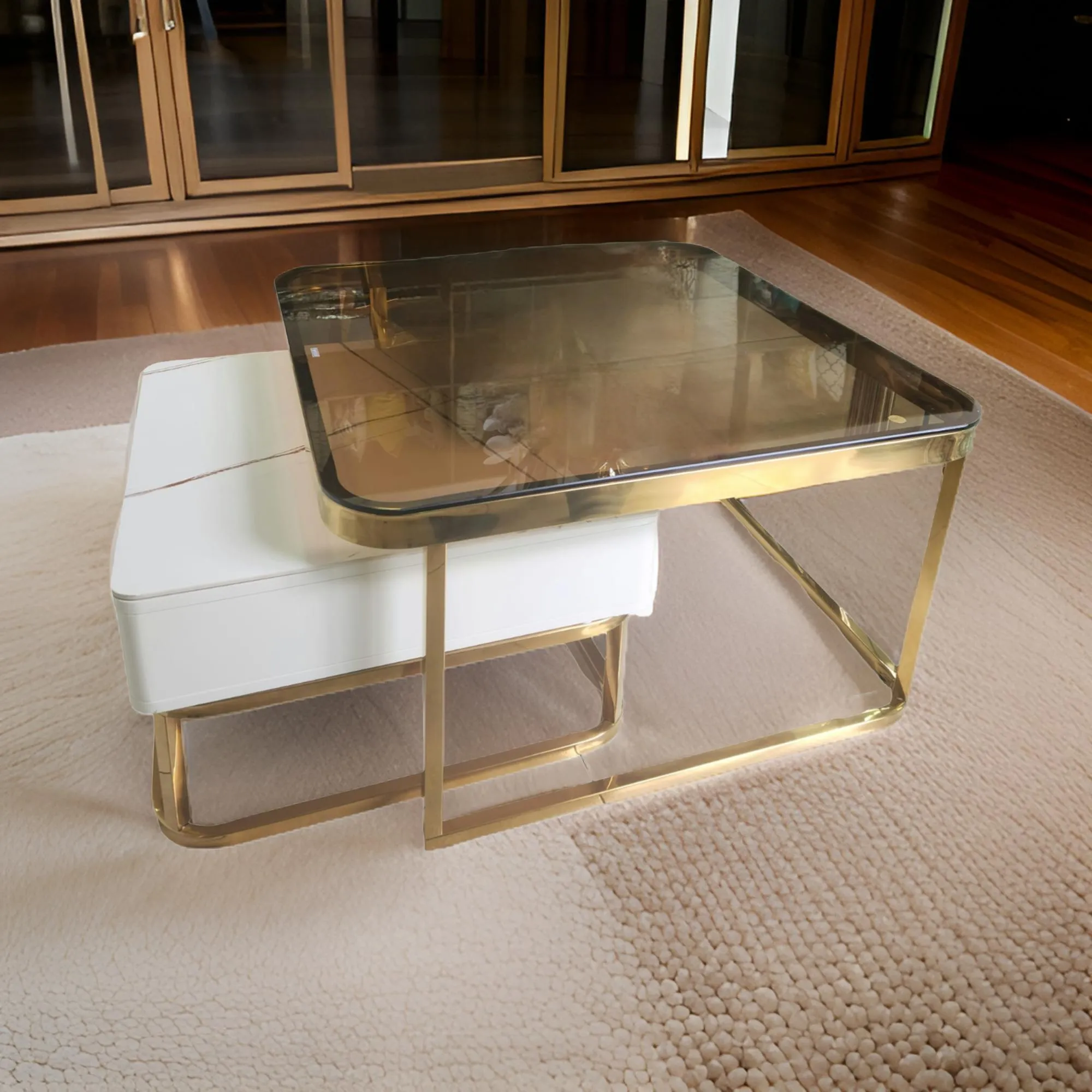 2Pcs Square Metal Frame Glass Top Nesting Coffee Table With Drawer Table