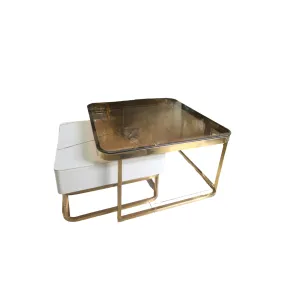 2Pcs Square Metal Frame Glass Top Nesting Coffee Table With Drawer Table