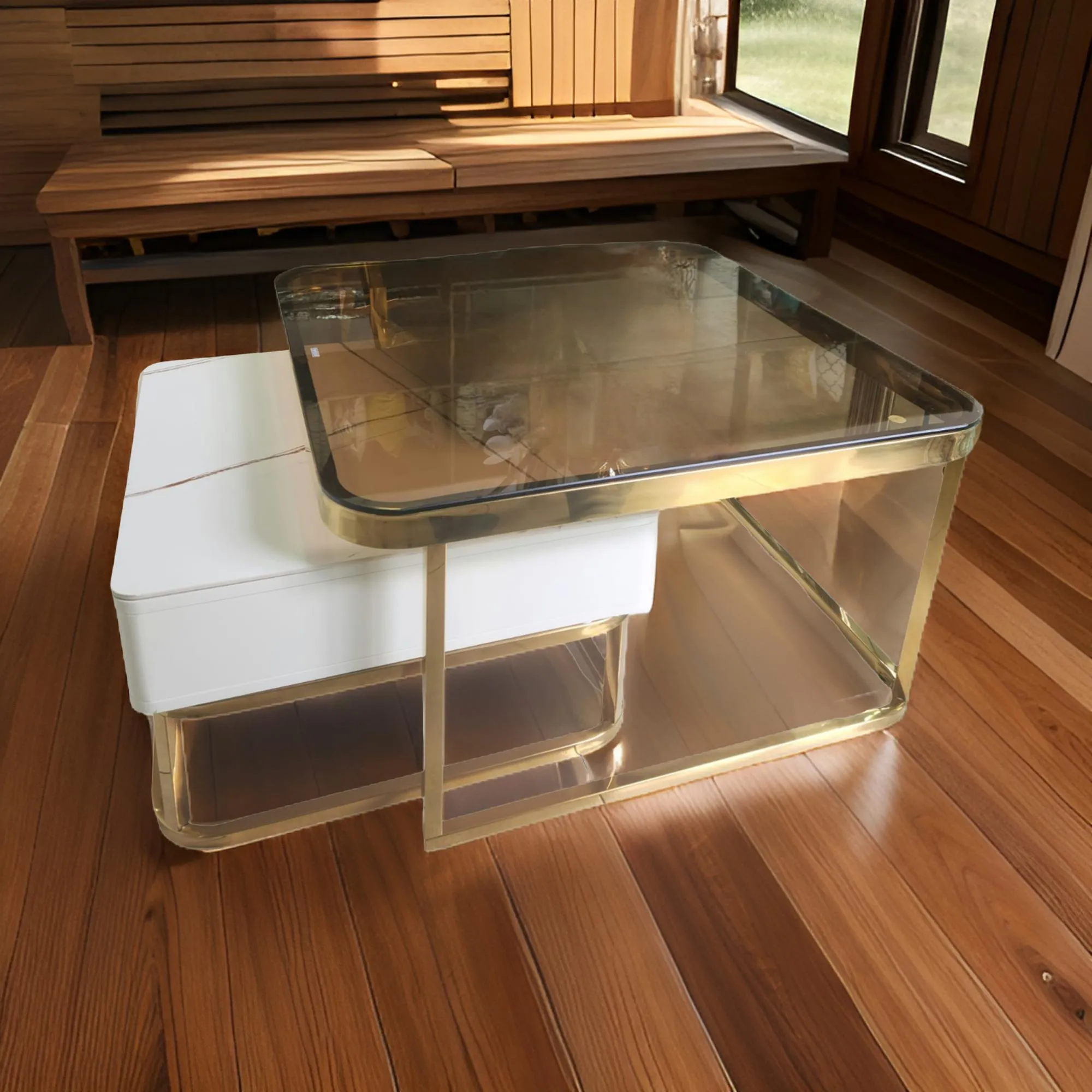 2Pcs Square Metal Frame Glass Top Nesting Coffee Table With Drawer Table