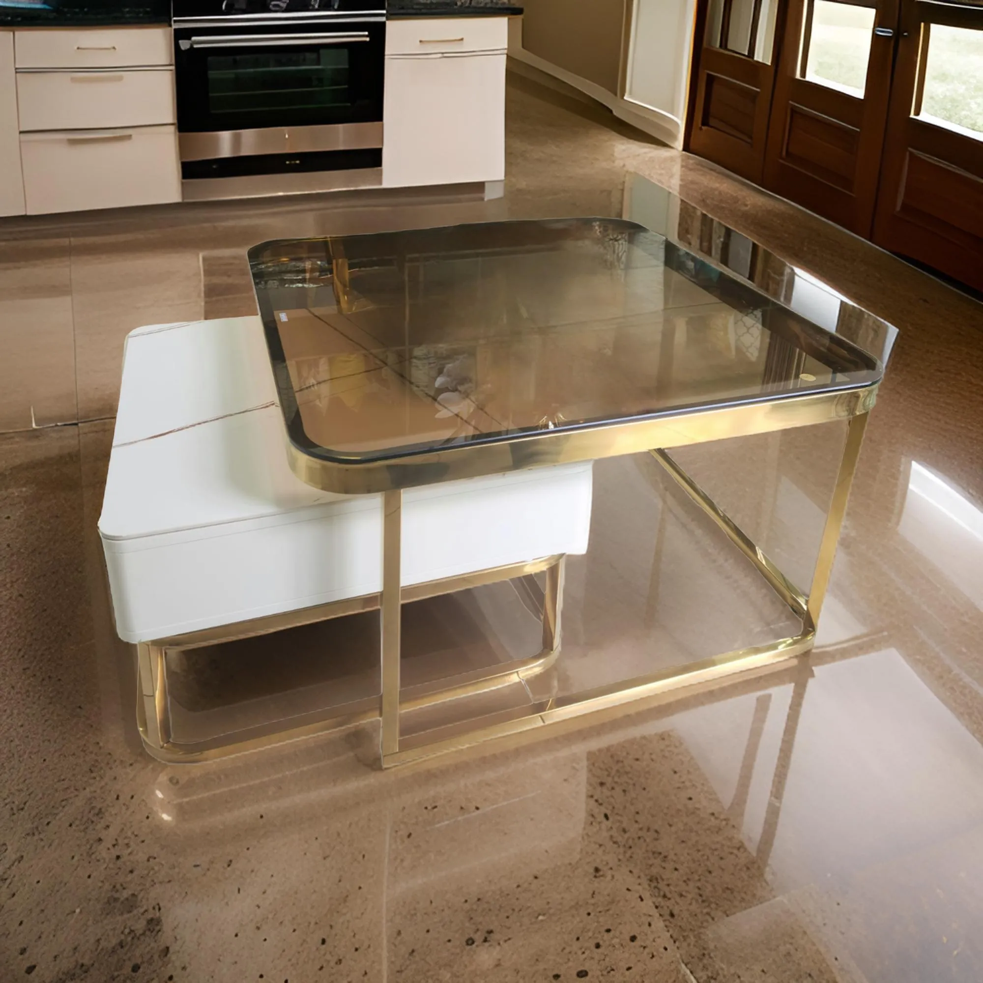 2Pcs Square Metal Frame Glass Top Nesting Coffee Table With Drawer Table