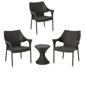 4 Piece Rattan Chat Set with Stacking Chairs and Hourglass Side Table