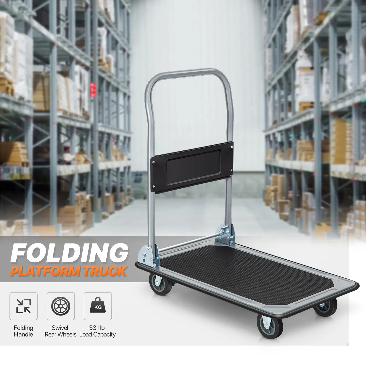 4-Wheeled Foling Platform Truck w/Swivel Caster - Black/Grey