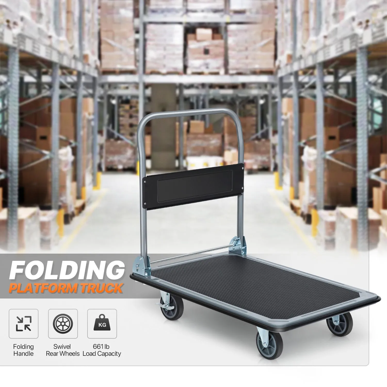 4-Wheeled Foling Platform Truck w/Swivel Caster - Black/Grey