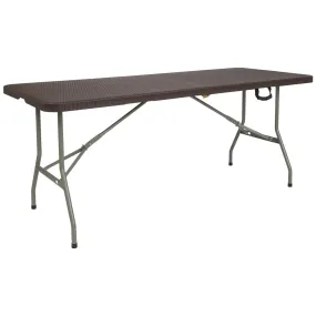 6-Foot Bi-Fold Brown Rattan Plastic Folding Table By Flash Furniture