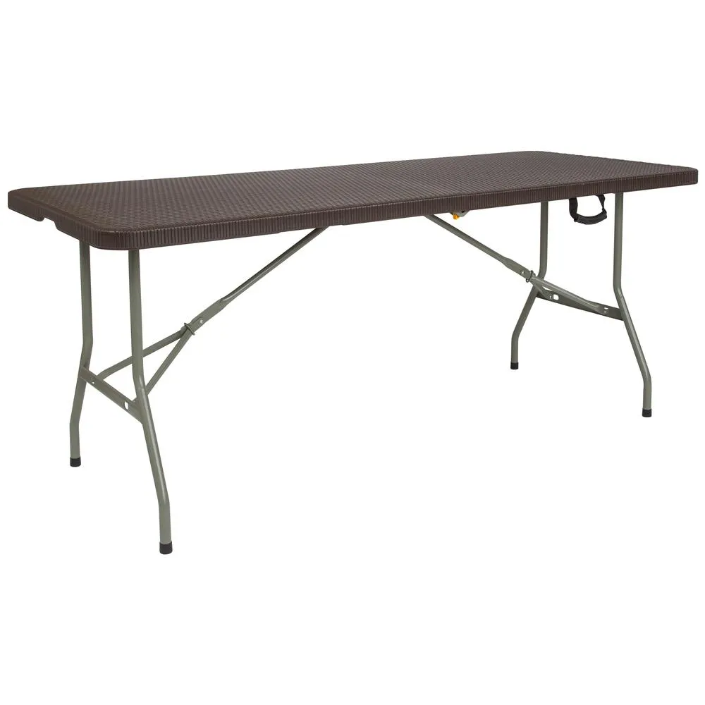 6-Foot Bi-Fold Brown Rattan Plastic Folding Table By Flash Furniture