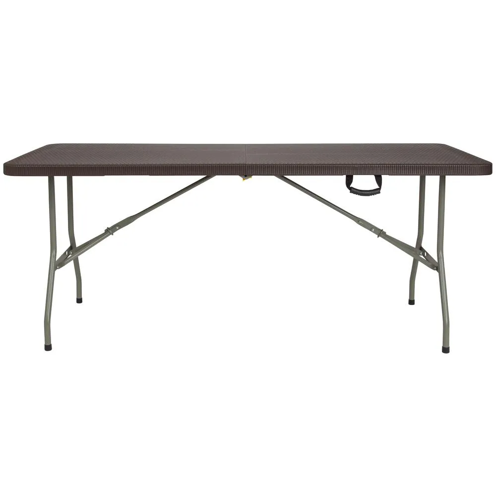 6-Foot Bi-Fold Brown Rattan Plastic Folding Table By Flash Furniture