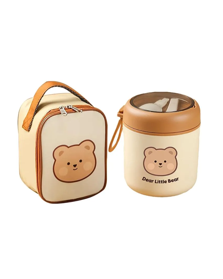 Bear Theme Stainless Steel Spoon & Soup Salad Tiffin Box with Insulated Bag