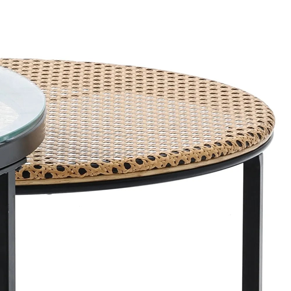 Boho Set of 2 Nesting Round End Side Coffee Tables With Glass And Rattan Top