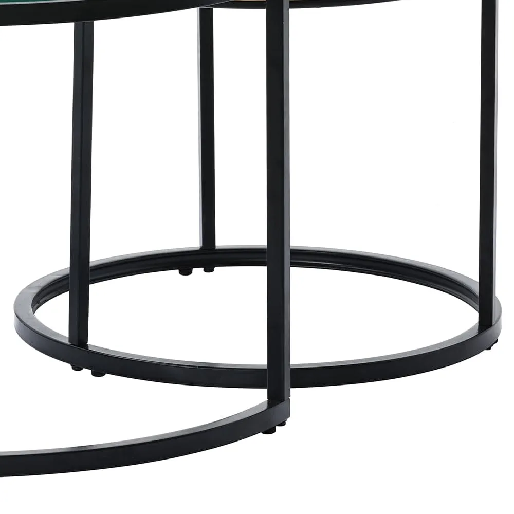 Boho Set of 2 Nesting Round End Side Coffee Tables With Glass And Rattan Top