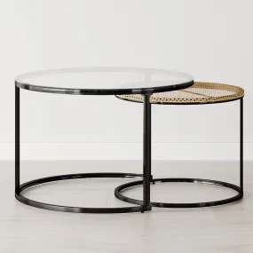 Boho Set of 2 Nesting Round End Side Coffee Tables With Glass And Rattan Top