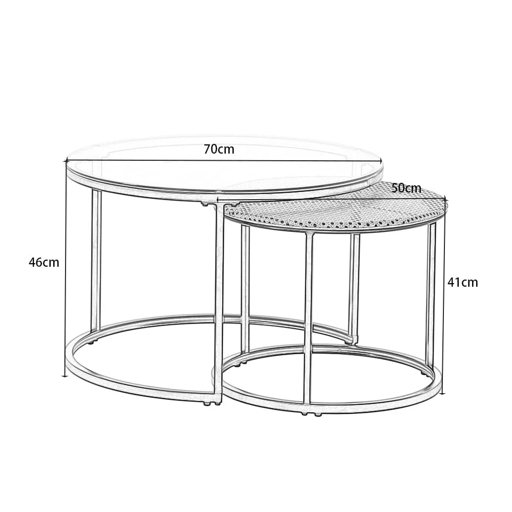 Boho Set of 2 Nesting Round End Side Coffee Tables With Glass And Rattan Top