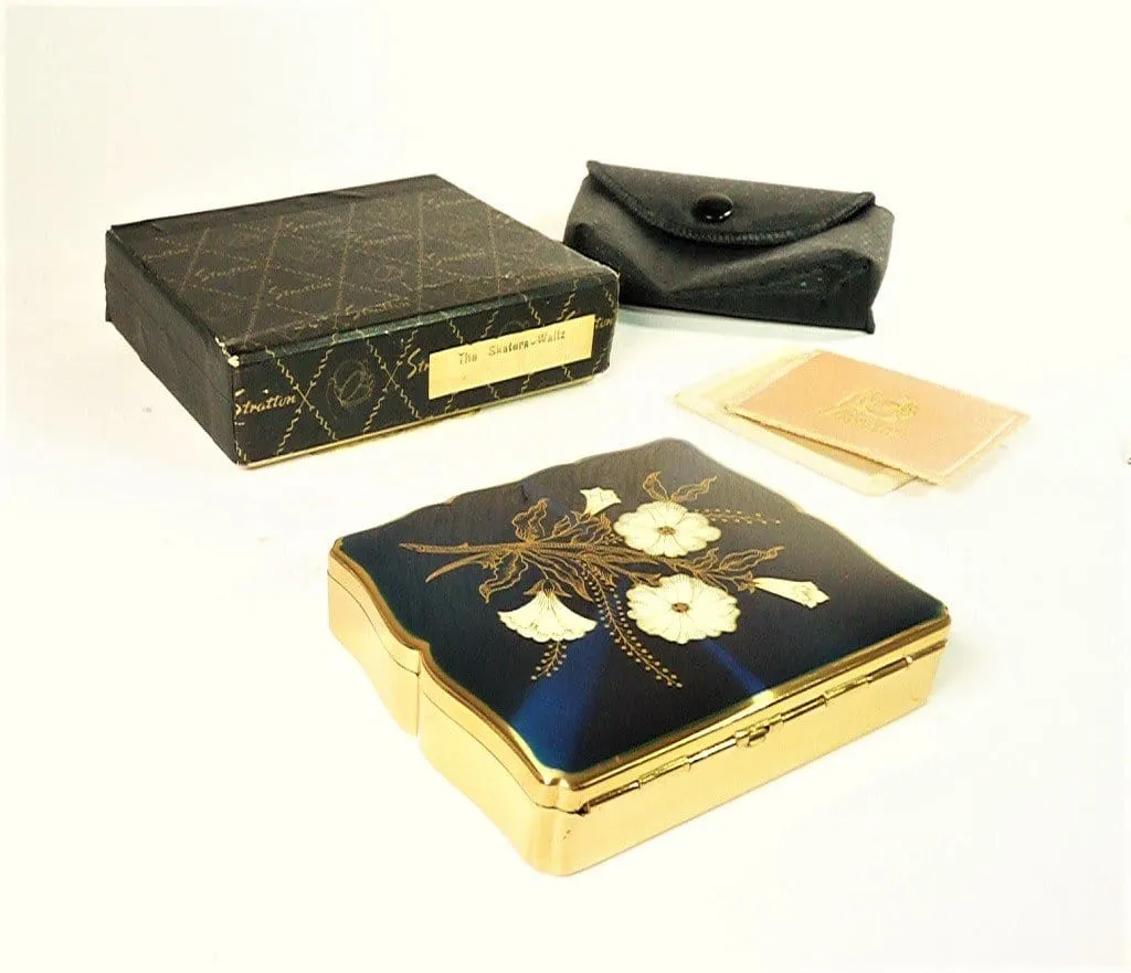 Boxed Stratton Musical Compact Blue Enamel Musica 1950s Music Box Plays THE SKATERS WALTZ