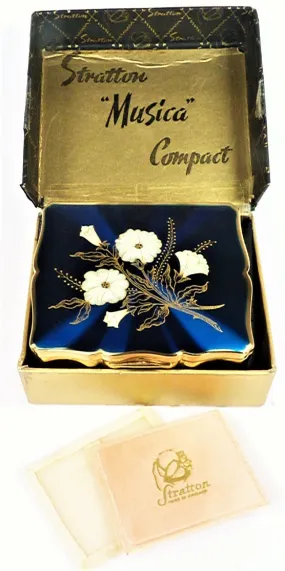 Boxed Stratton Musical Compact Blue Enamel Musica 1950s Music Box Plays THE SKATERS WALTZ