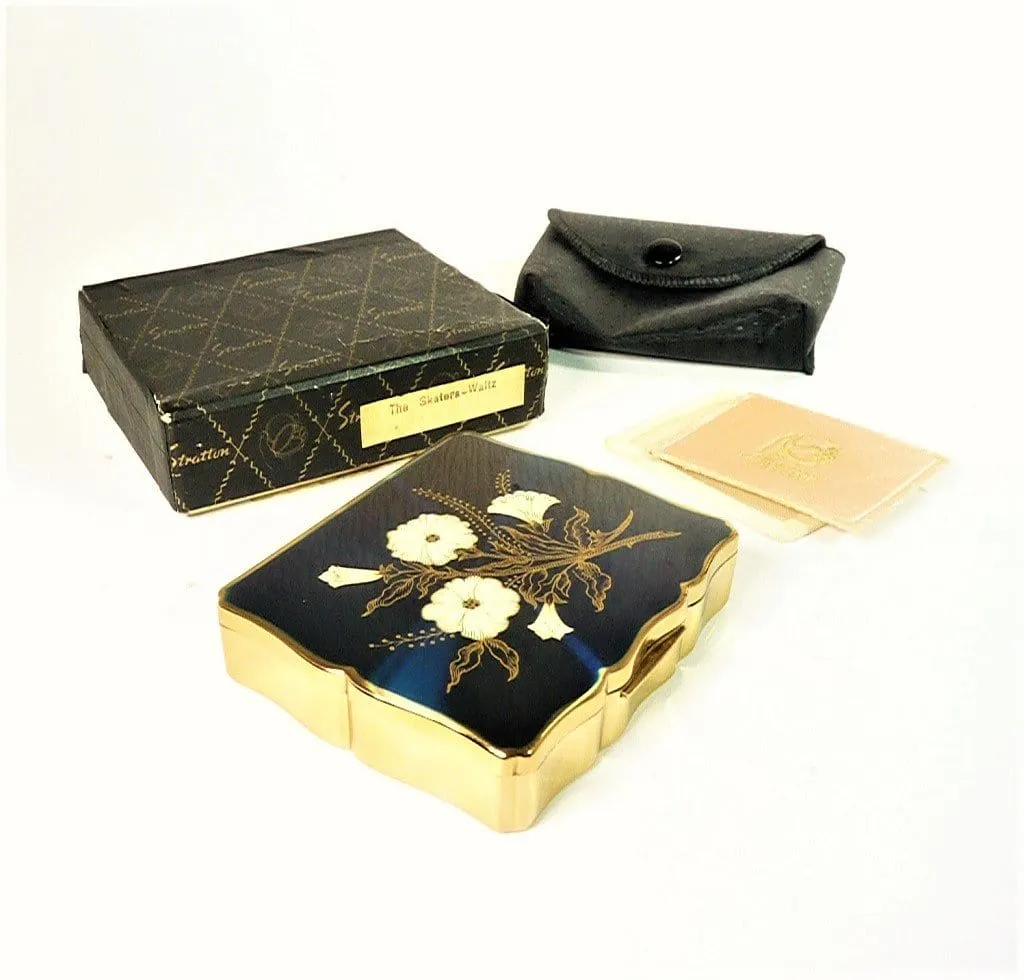 Boxed Stratton Musical Compact Blue Enamel Musica 1950s Music Box Plays THE SKATERS WALTZ