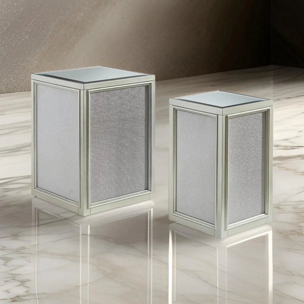 Brad Set of 2 Nesting Side End Tables, Mirrored Glass, Silver Wood Finish By Casagear Home