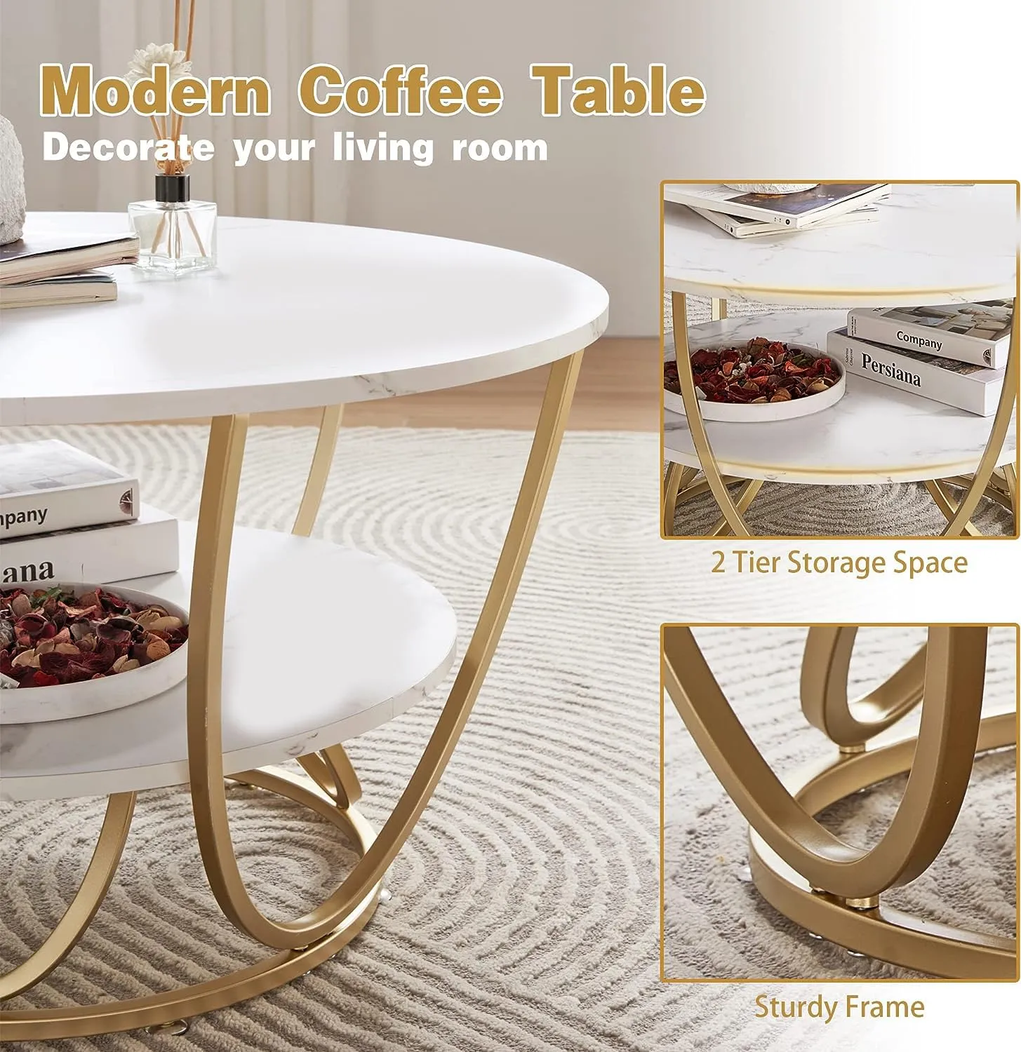 BROWN ART SHOPPEE Round 2 Tier Metal Coffee Tables Simple Living Room Table Sets, Sofa Center Table End Tables with Metal Frame Home Decor for living room (Gold & Black) (Gold & White)