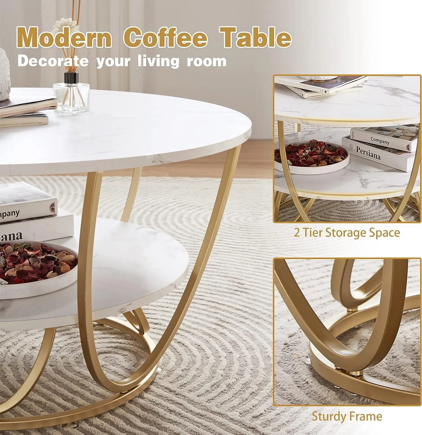 BROWN ART SHOPPEE Round 2 Tier Metal Coffee Tables Simple Living Room Table Sets, Sofa Center Table End Tables with Metal Frame Home Decor for living room (Gold & Black) (Gold & White)