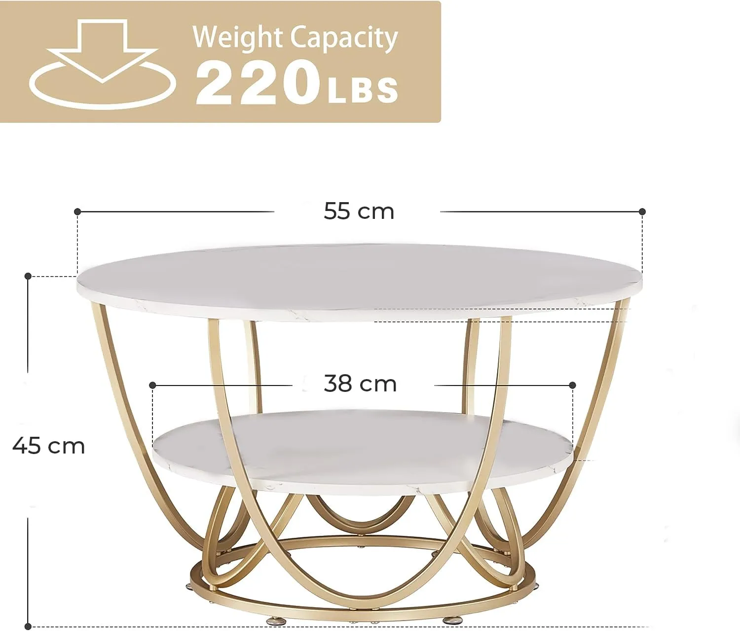 BROWN ART SHOPPEE Round 2 Tier Metal Coffee Tables Simple Living Room Table Sets, Sofa Center Table End Tables with Metal Frame Home Decor for living room (Gold & Black) (Gold & White)