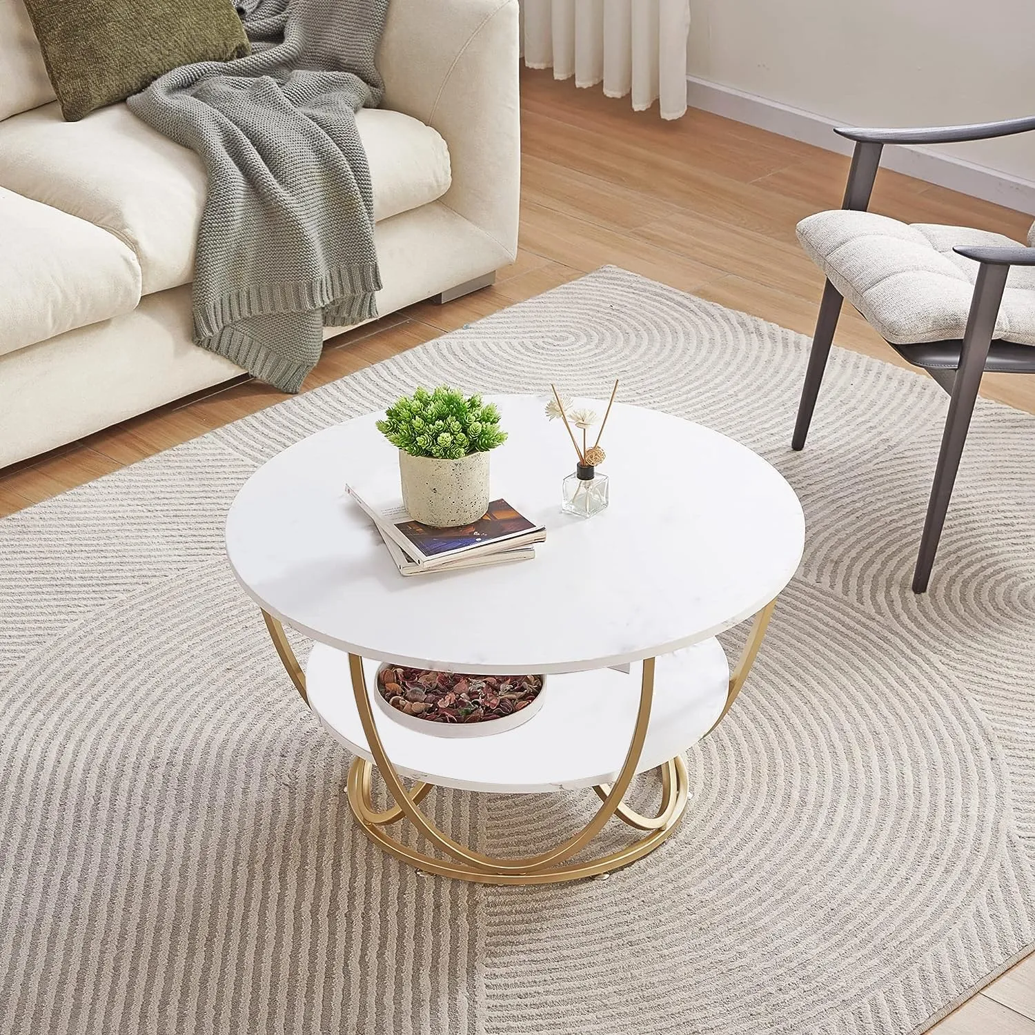 BROWN ART SHOPPEE Round 2 Tier Metal Coffee Tables Simple Living Room Table Sets, Sofa Center Table End Tables with Metal Frame Home Decor for living room (Gold & Black) (Gold & White)