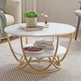 BROWN ART SHOPPEE Round 2 Tier Metal Coffee Tables Simple Living Room Table Sets, Sofa Center Table End Tables with Metal Frame Home Decor for living room (Gold & Black) (Gold & White)