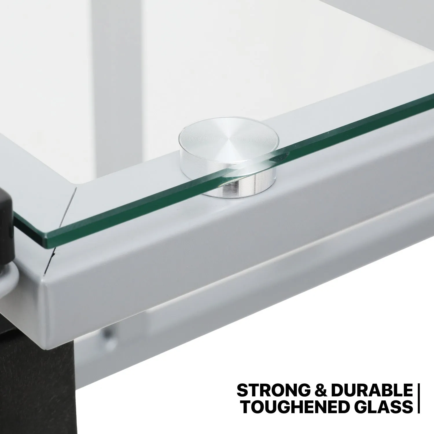 Drafting Table - 41" Crystal desktop with grey frame, 2 black drawers, rolling casters
