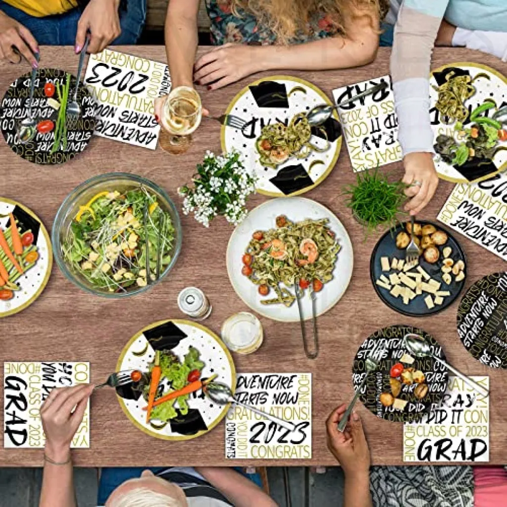 DYLIVeS 150 Pcs Graduation Party Paper Plates and Napkins Set, Graduation Party Supplies Decor, White Black Gold Grad Congrats Disposable Tableware Set 2023 for College High School, Serves 50