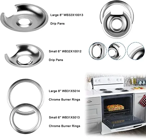 Electric Stove Burner Drip Pans 2  2 Small 6'' WB32X10012 & Large 8'' WB32X10013 Chrome Burner Drip Pan Bowls Set,Drip Pan and Trim Ring Set for Electric Range by Fetechmate