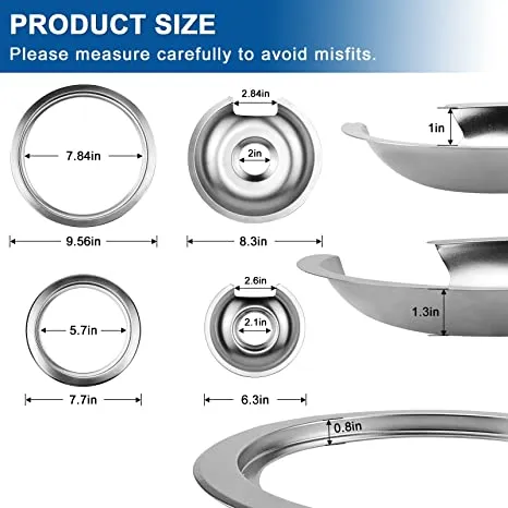 Electric Stove Burner Drip Pans 2  2 Small 6'' WB32X10012 & Large 8'' WB32X10013 Chrome Burner Drip Pan Bowls Set,Drip Pan and Trim Ring Set for Electric Range by Fetechmate