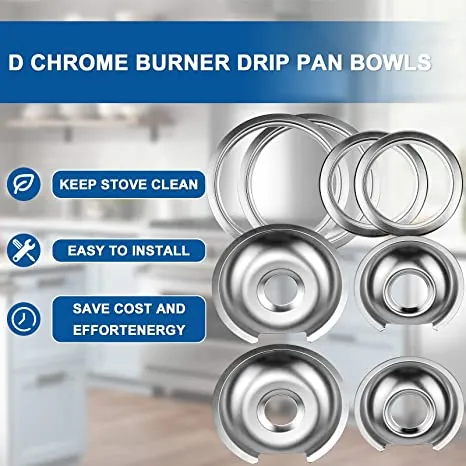 Electric Stove Burner Drip Pans 2  2 Small 6'' WB32X10012 & Large 8'' WB32X10013 Chrome Burner Drip Pan Bowls Set,Drip Pan and Trim Ring Set for Electric Range by Fetechmate