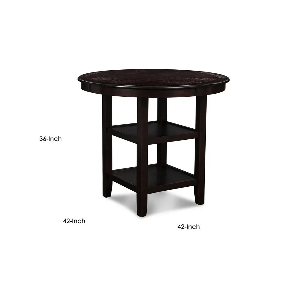 Gale 42 Inch Round Counter Dining Table, 2 Open Shelves, Dark Brown Finish By Casagear Home