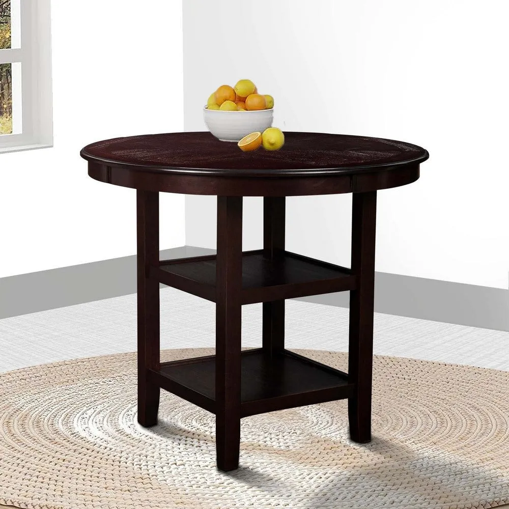 Gale 42 Inch Round Counter Dining Table, 2 Open Shelves, Dark Brown Finish By Casagear Home