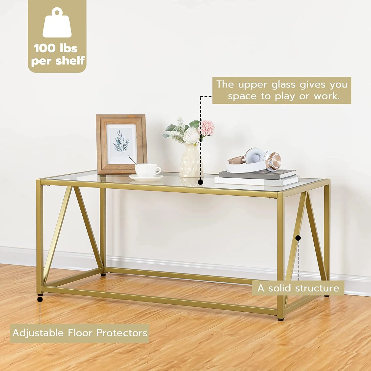 Glass Coffee Table, 1-Layer Glass Table with Golden Steel Frame, Living Room Table