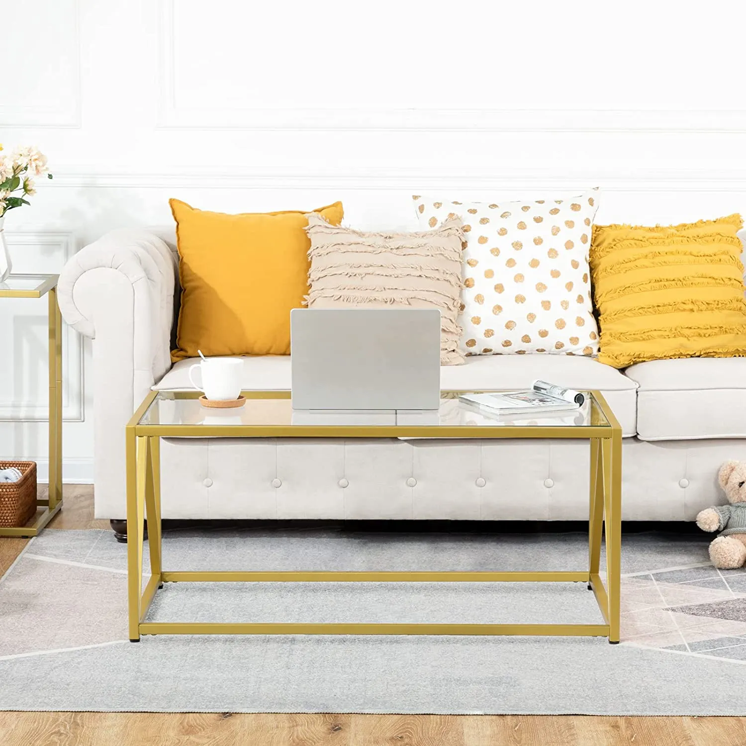 Glass Coffee Table, 1-Layer Glass Table with Golden Steel Frame, Living Room Table
