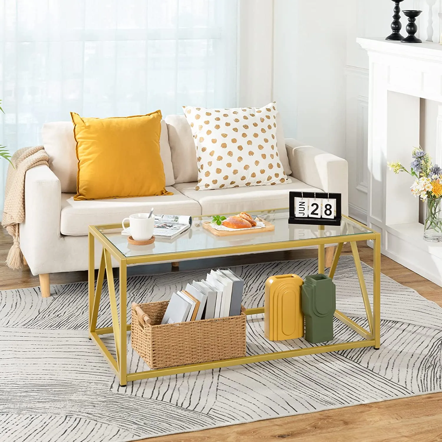 Glass Coffee Table, 1-Layer Glass Table with Golden Steel Frame, Living Room Table