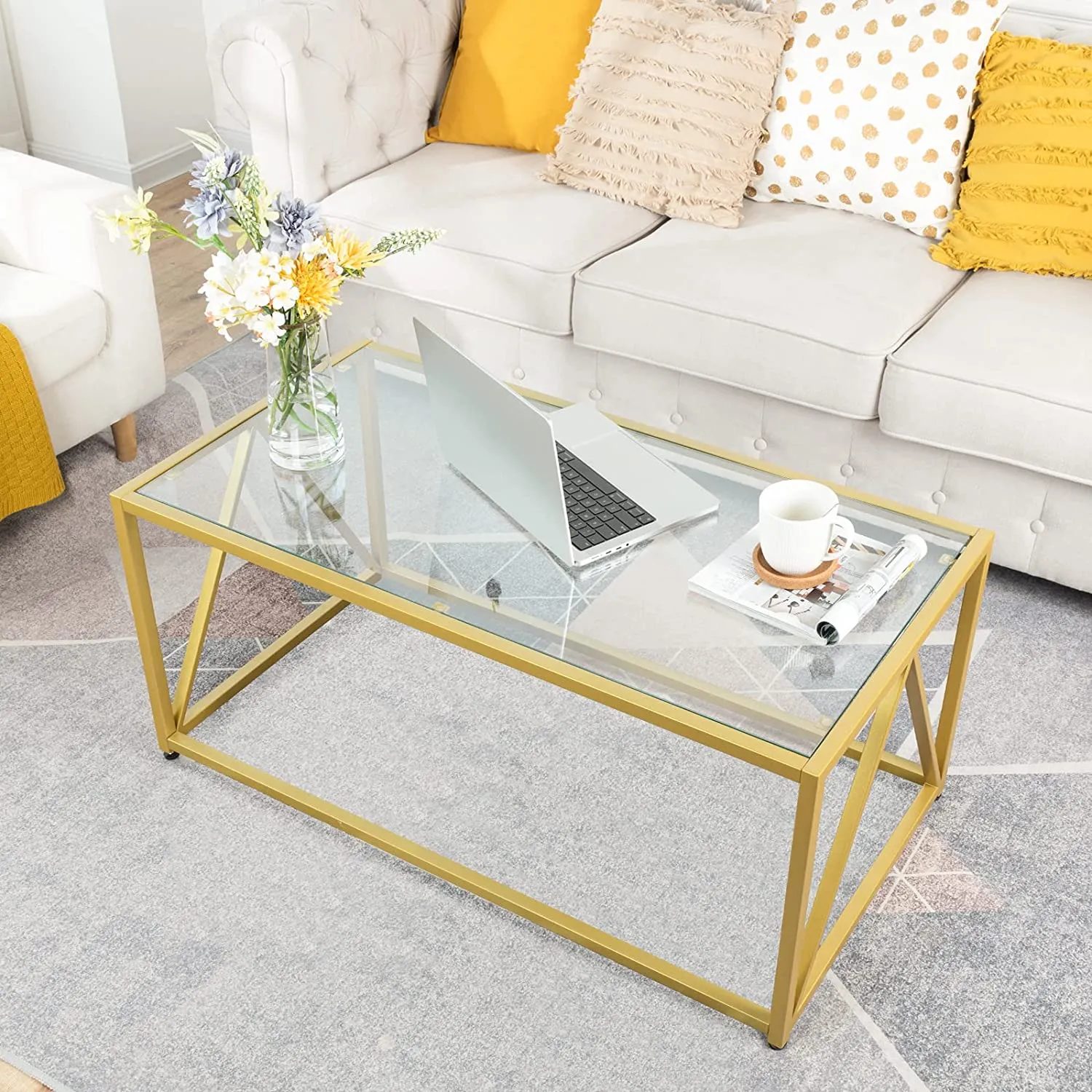 Glass Coffee Table, 1-Layer Glass Table with Golden Steel Frame, Living Room Table