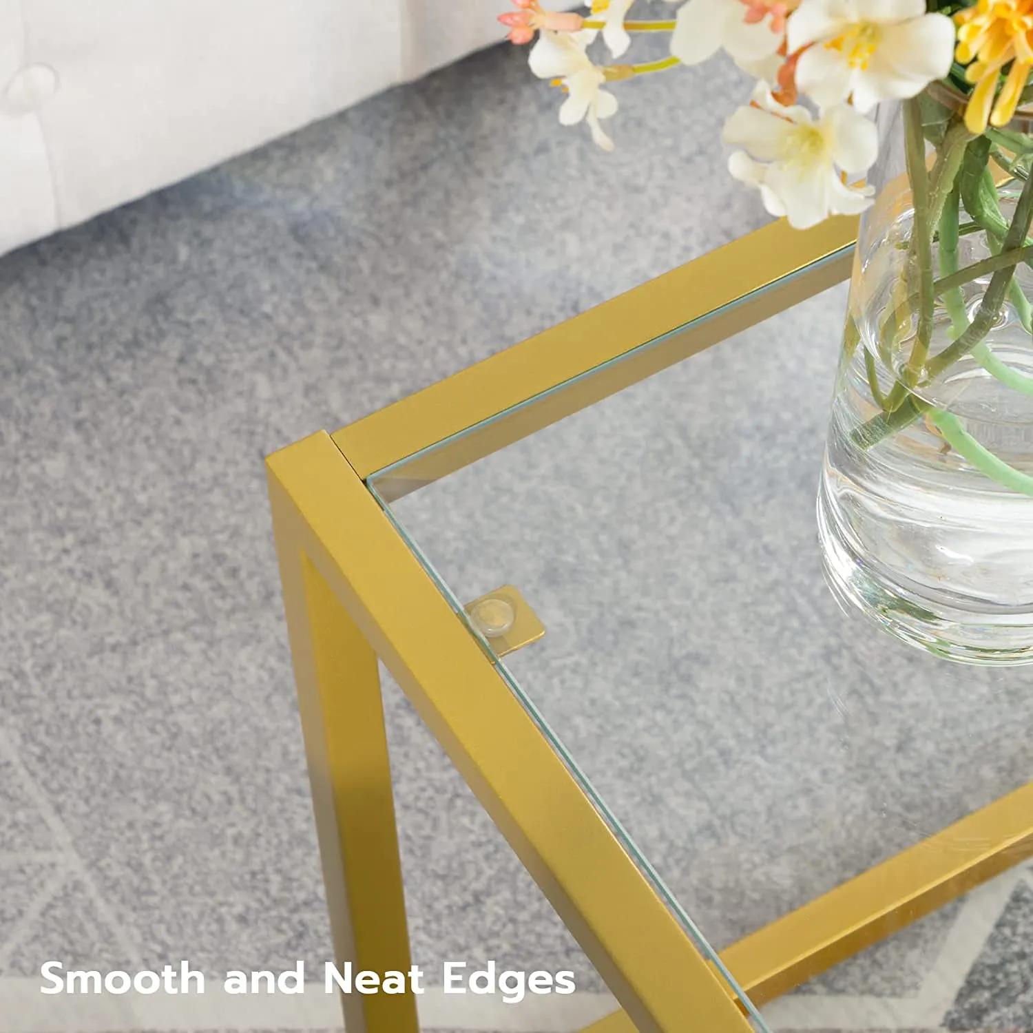 Glass Coffee Table, 1-Layer Glass Table with Golden Steel Frame, Living Room Table