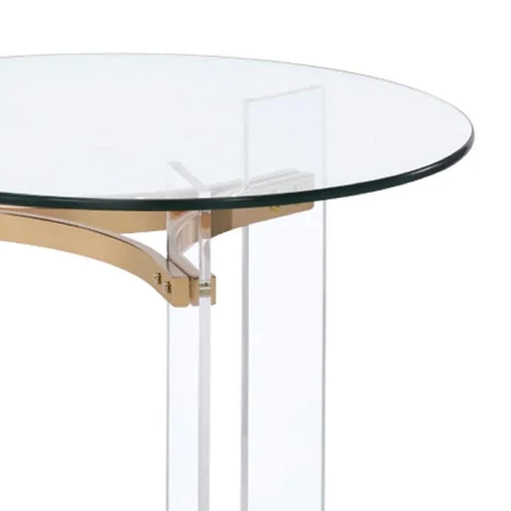Hale 23 Inch Round End Table, Glass Top, Acrylic Legs, Clear, Gold By Casagear Home