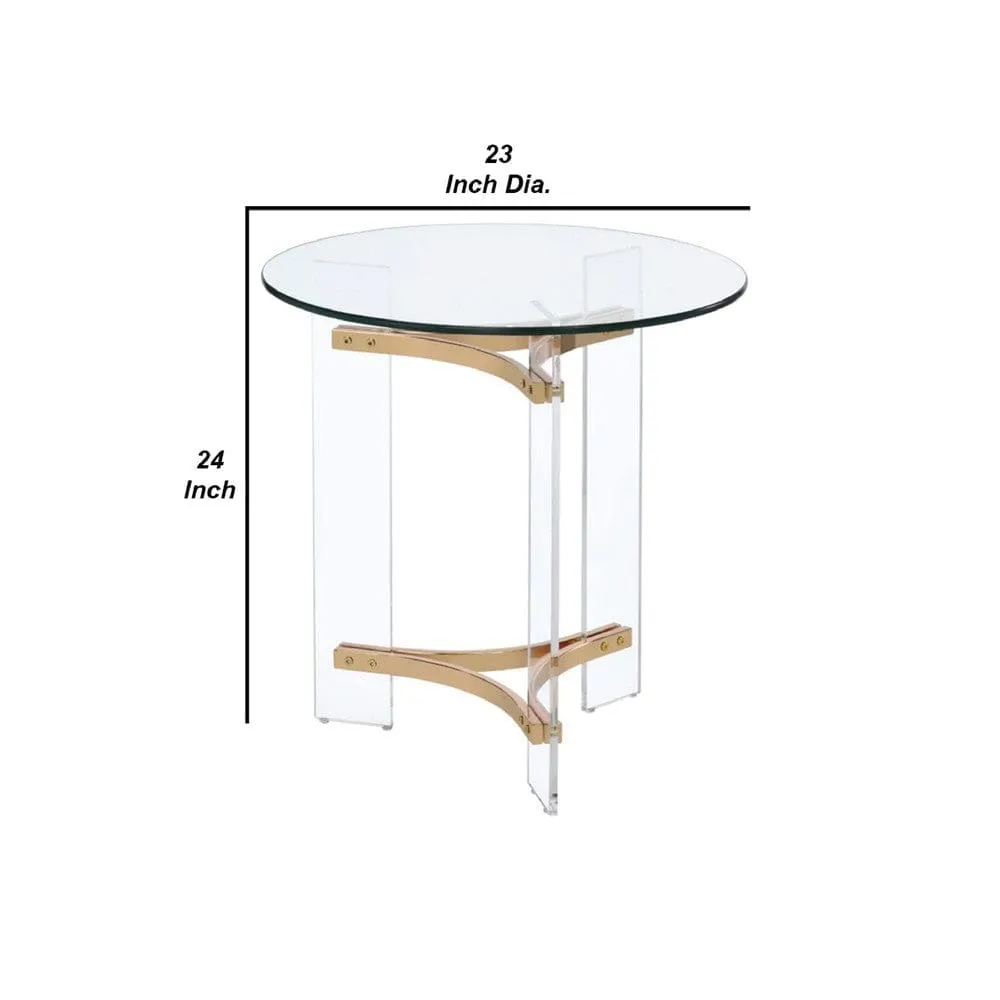 Hale 23 Inch Round End Table, Glass Top, Acrylic Legs, Clear, Gold By Casagear Home