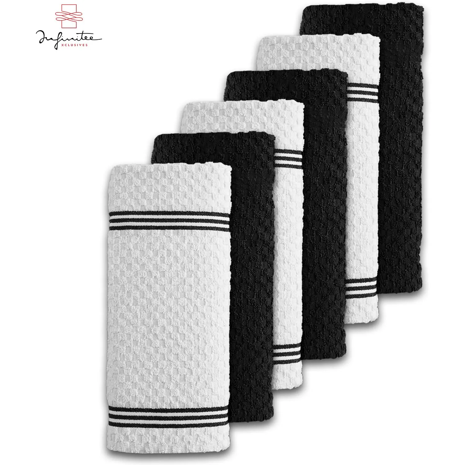Infinitee Xclusives Premium Kitchen Towels – Pack of 6, 100% Cotton 15x25 Inches Absorbent Dish Towels - Tea Towels- Terry Kitchen Dishcloth Towels- Black Dish Cloth for Household Cleaning