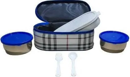 Lunch Box Built-in Stainless Steel with Insulated Fork Spoon, Plastic 3 Containers Lunch Box ,Tiffin for Adult Student