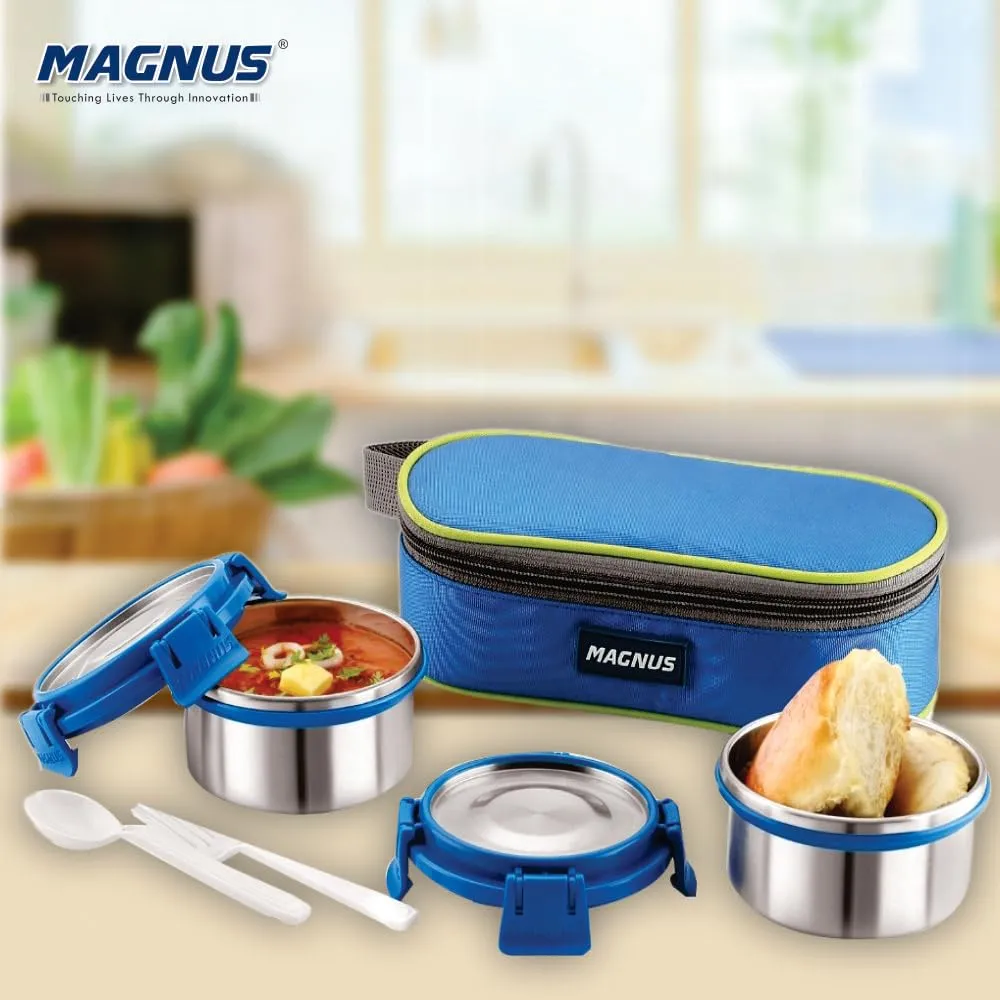 Magnus Avanza 2 Deluxe Stainless Steel Lunch Box | Airtight, Leakproof, Insulated | Ideal Lunch Box for Kids | Lunch Boxes for Office Men and Women | Compact Design with Carrying Pouch